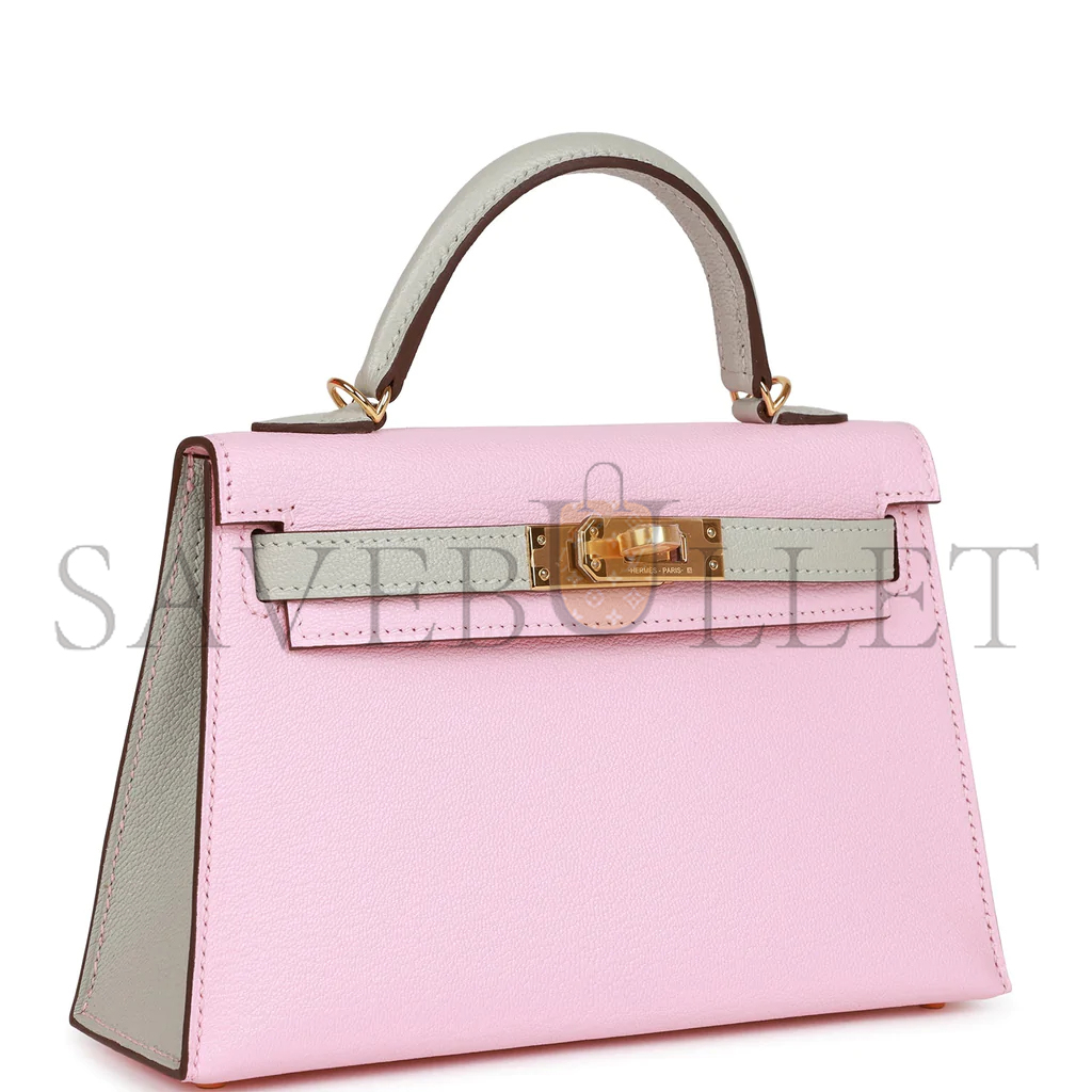 HERMÈS MINI KELLY II ROSE SAKURA AND GRIS PERLE CHEVRE GOLD HARDWARE (19*12*5.5cm)